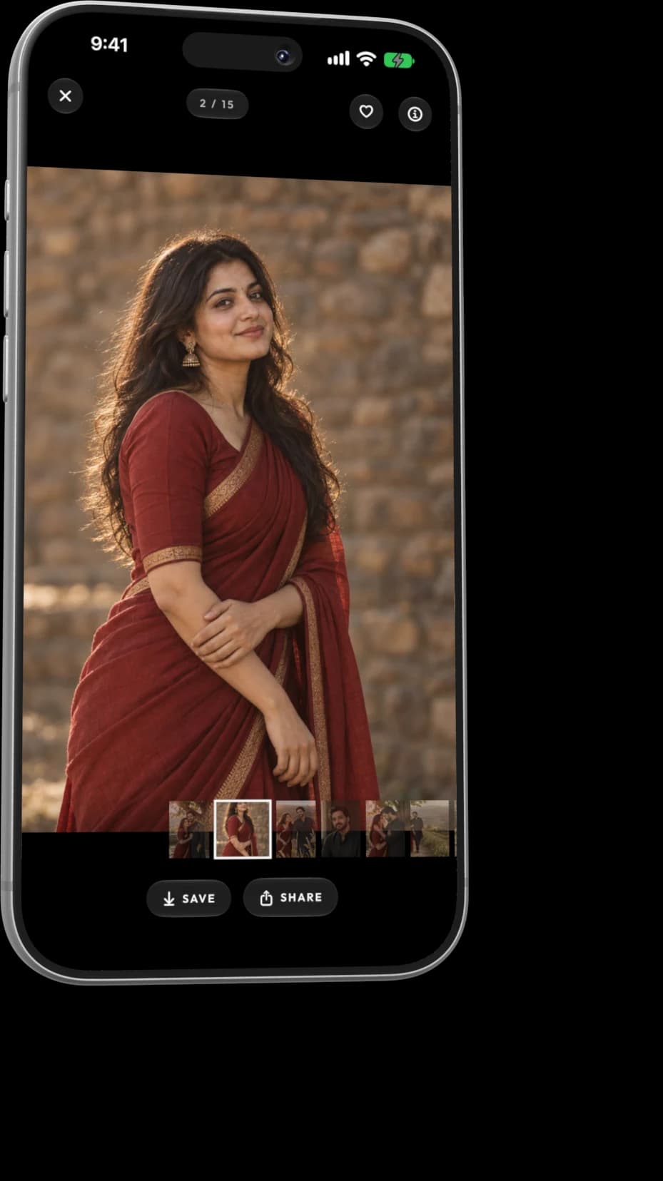 The PhotoAura iPhone app showing a photo from a client's gallery