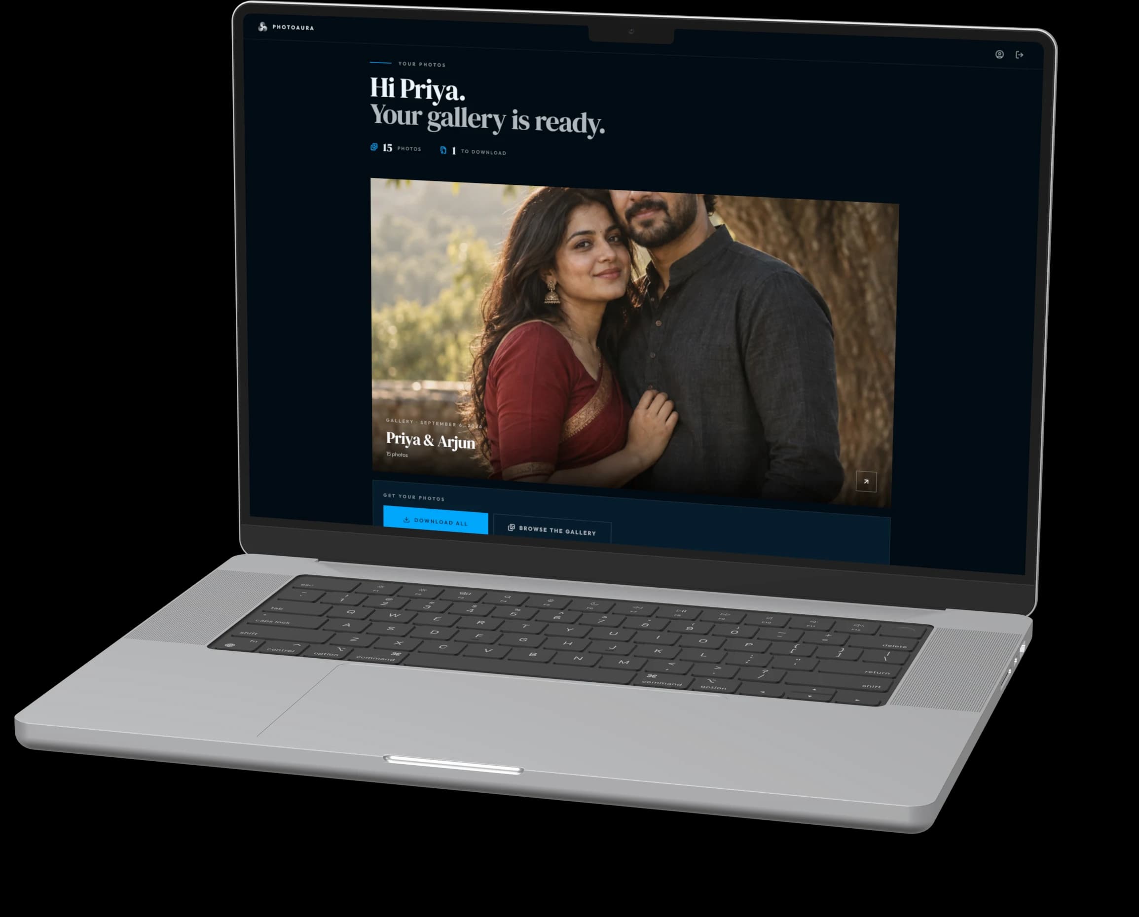 A client's home page on a MacBook — “Hi Priya. Your gallery is ready.”
