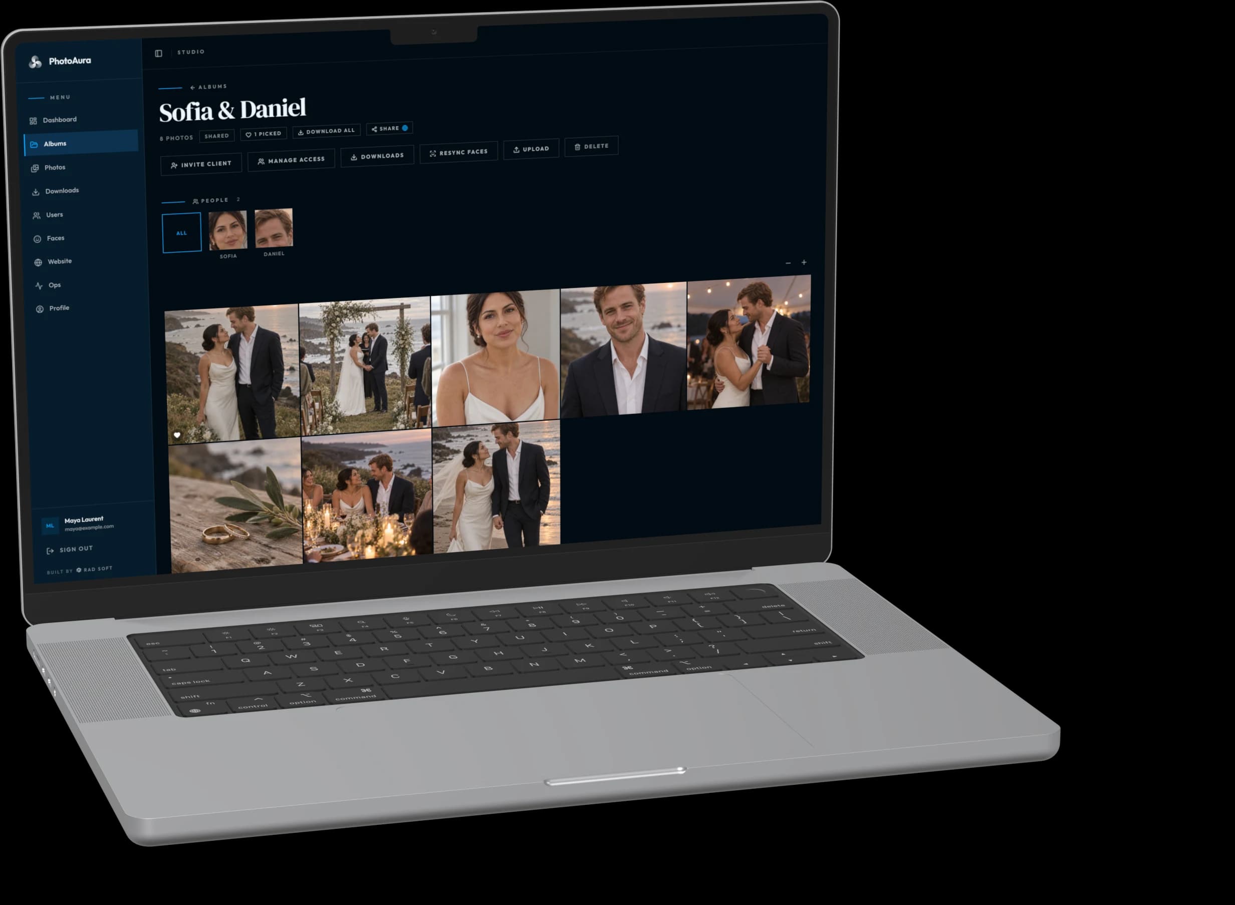 PhotoAura studio on a MacBook — a wedding album with its people and photo grid