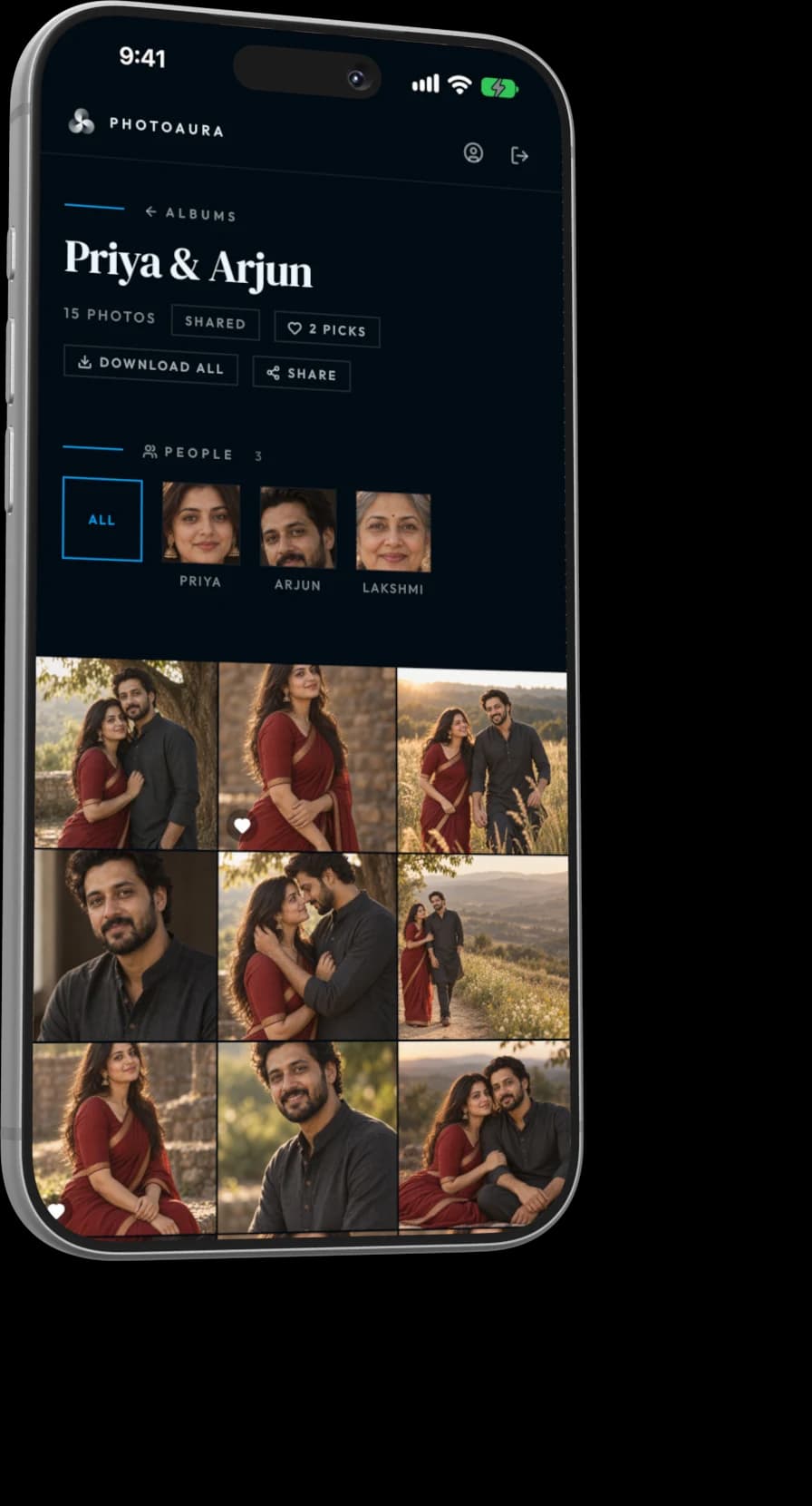An album on a phone — faces up top, a square photo grid below
