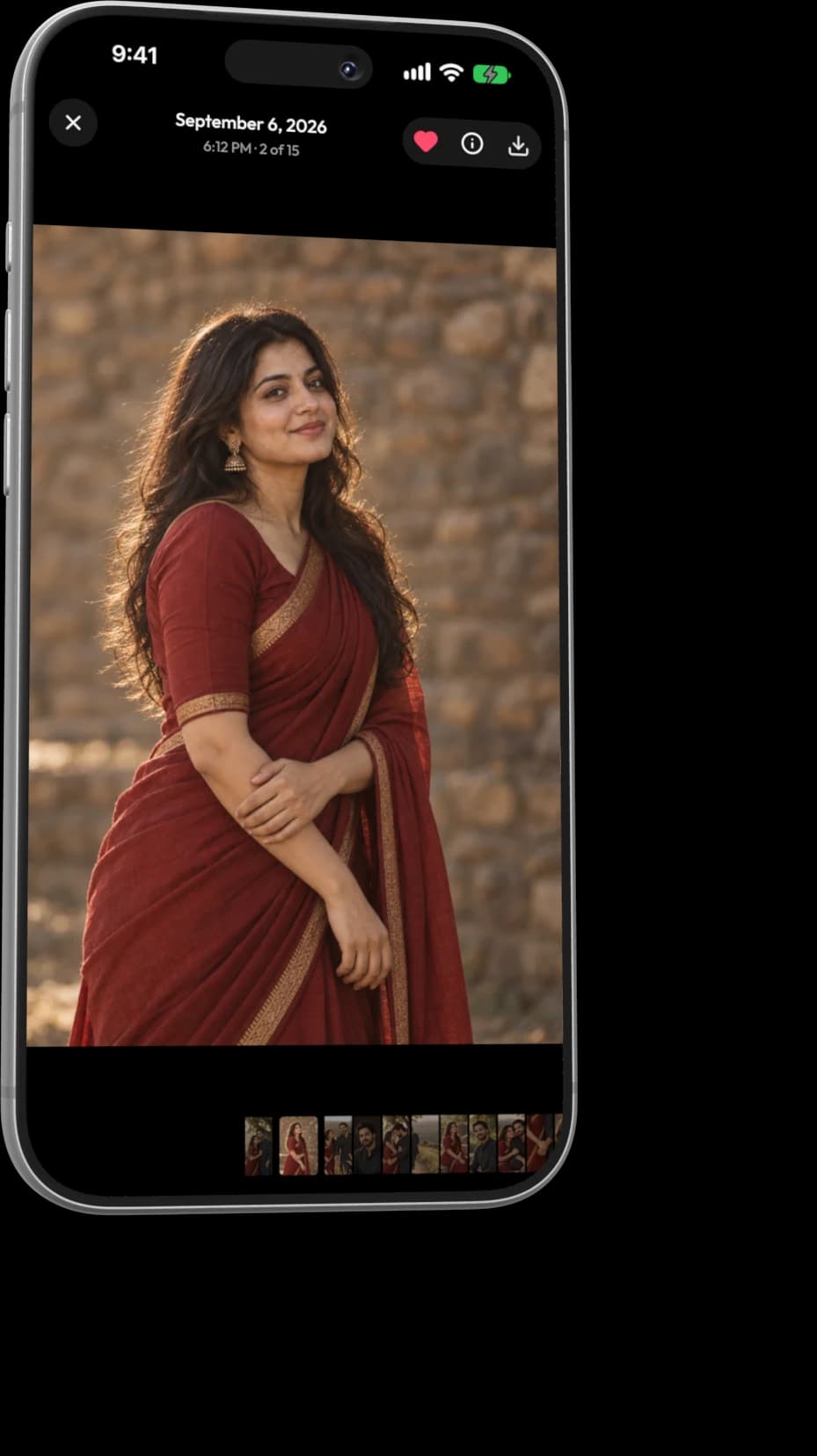The same album with one photo open full screen, a thumbnail strip beneath it