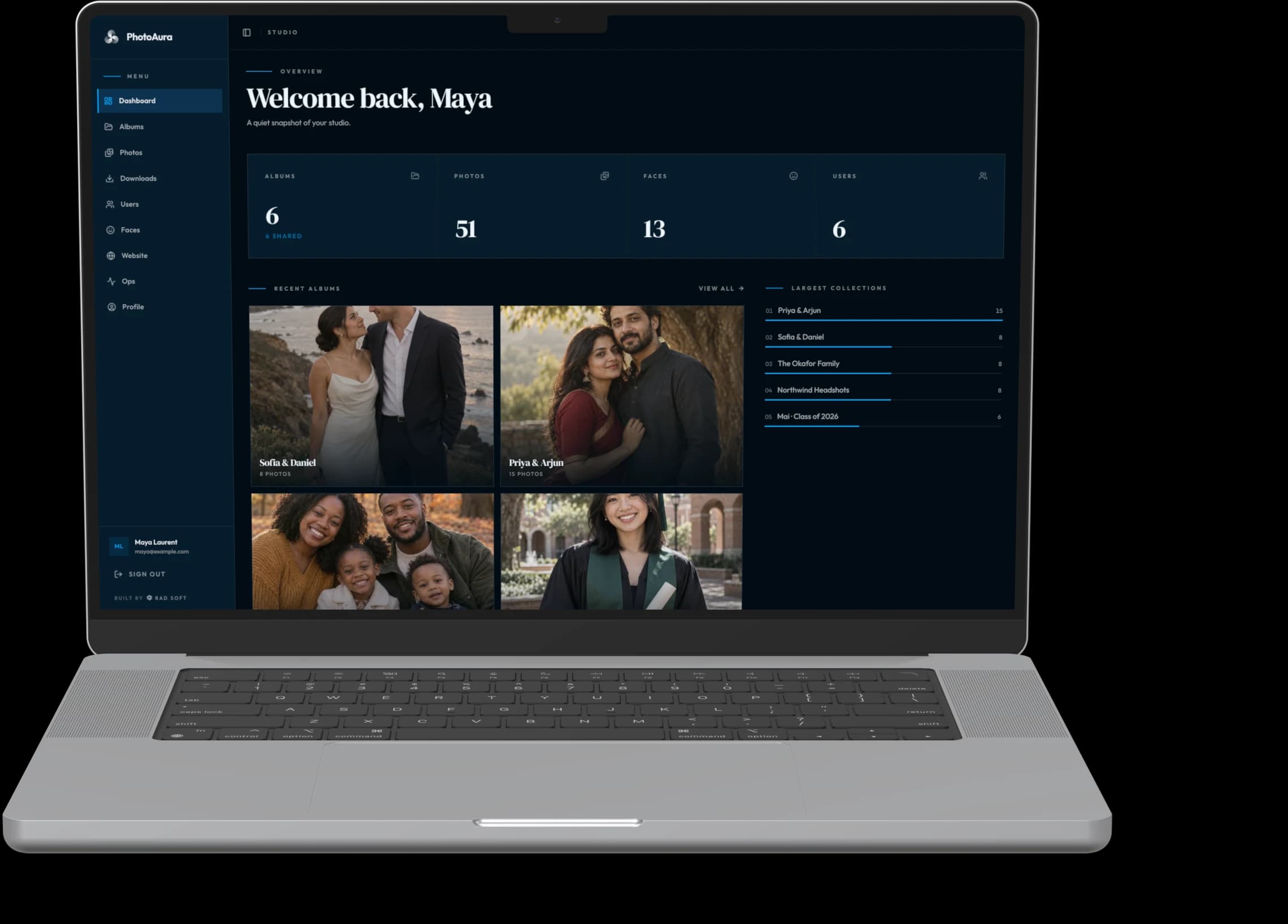 PhotoAura studio — dashboard on a MacBook