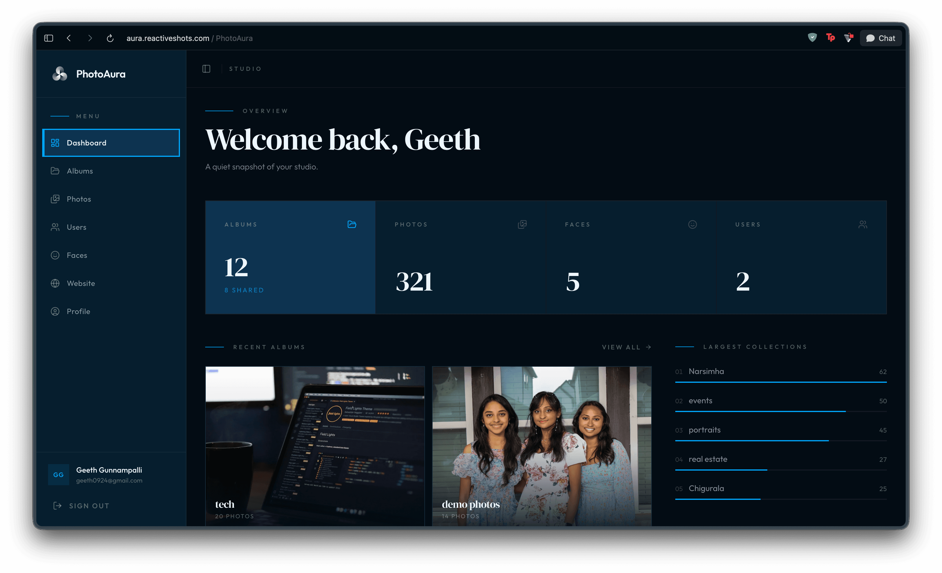 PhotoAura studio dashboard — overview with albums, photos, faces, and recent collections